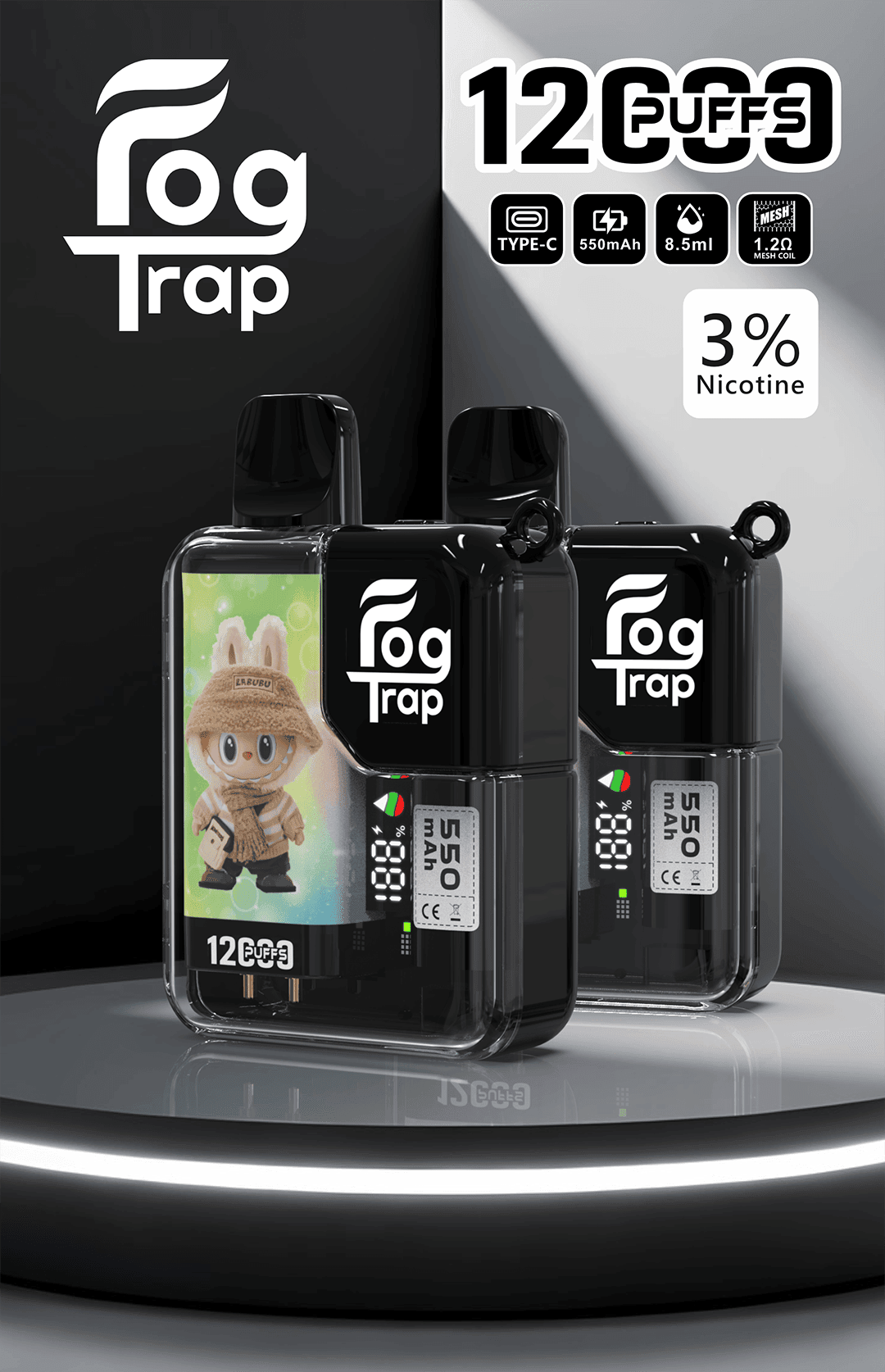 Fog Trap 12000 LABUBU & 蠟筆小新跨界新作 雙模式動力切換 850mAh高效續航 8.5ml油電量一目了然 台灣現貨【買10送1】:圖片 3
